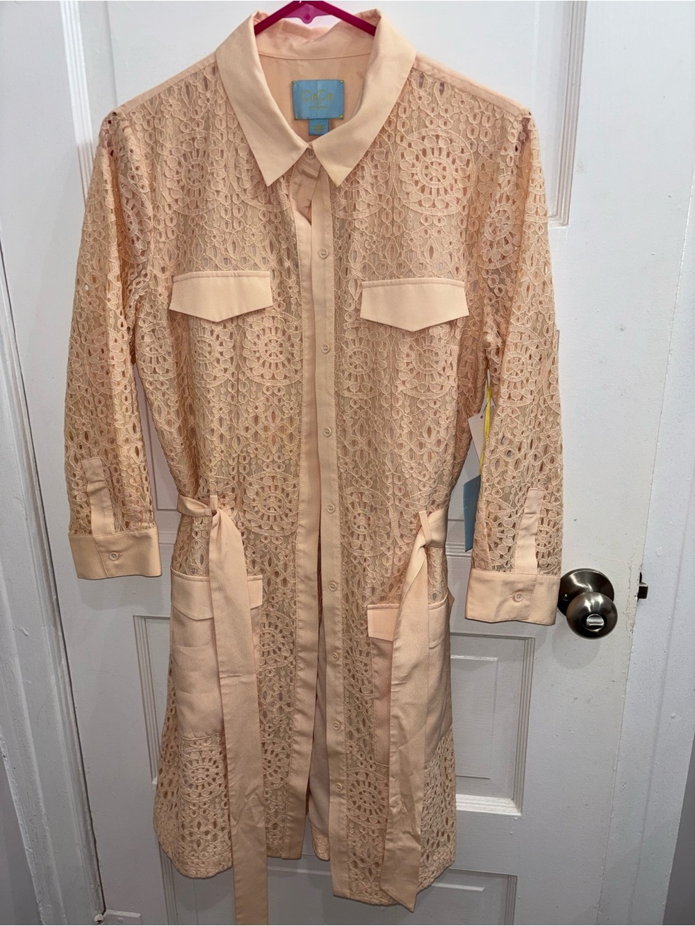 CeCe Sandy Tan Lace Shirtdress with Tie Belt